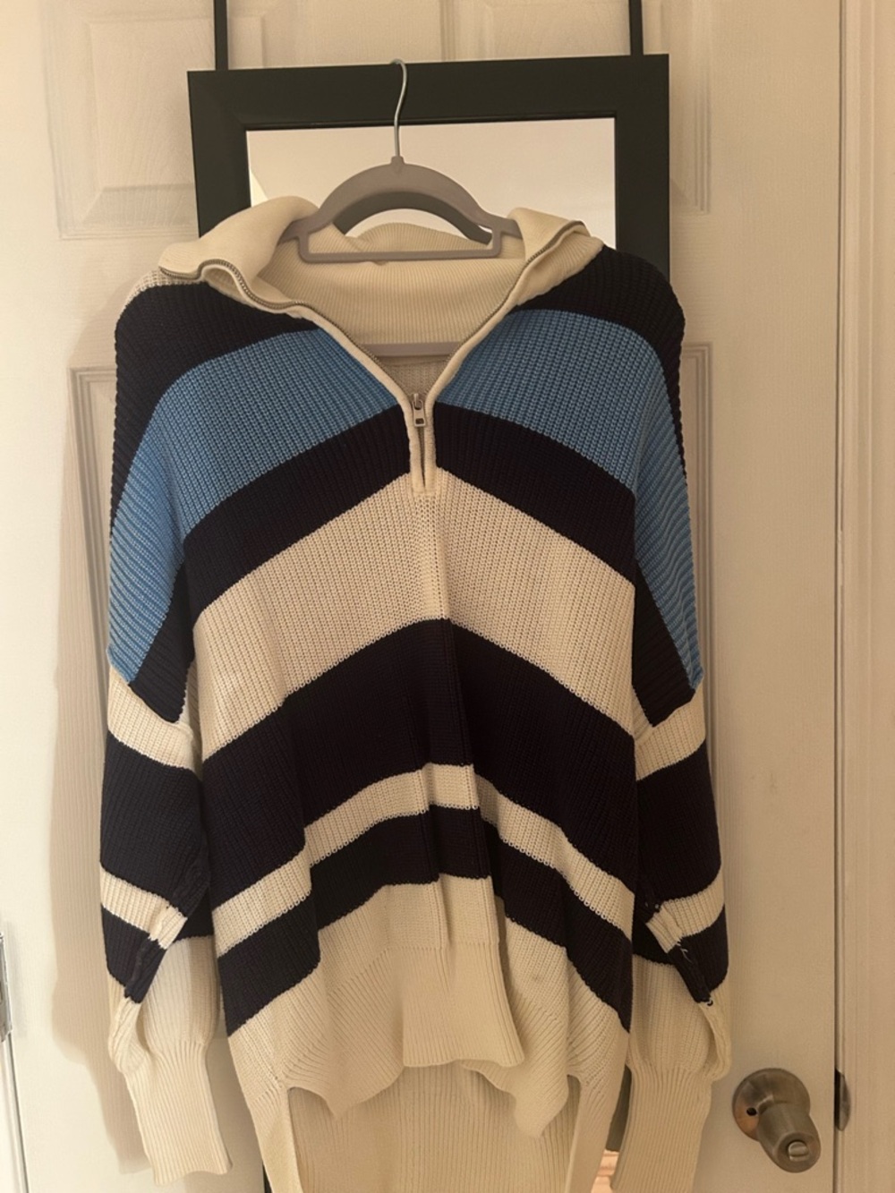 aerie Striped Navy, Cream & Light Blue Half-Zip Hooded Sweater